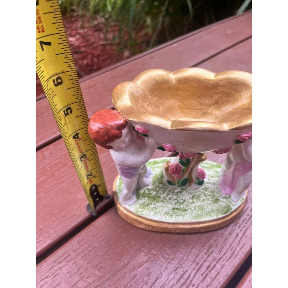 Vintage Style Hand Painted Ceramic Cherub Compote Trinket Bowl Gold Pink Roses